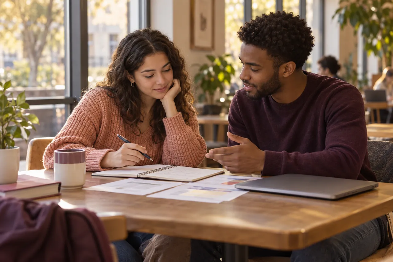 Illustration of two adult students comparing notes and possible next steps at a campus café